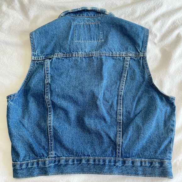 Vintage Outlaw Cropped Denim Vest w/ Plaid Trim, L 90s Grunge Western Aesthetic - Picture 9 of 14